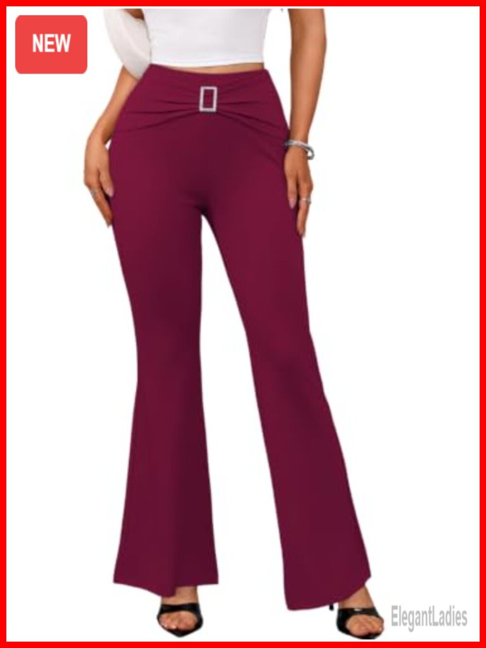 High Waisted Flare Pants Rhinestone Buckle Tummy Control